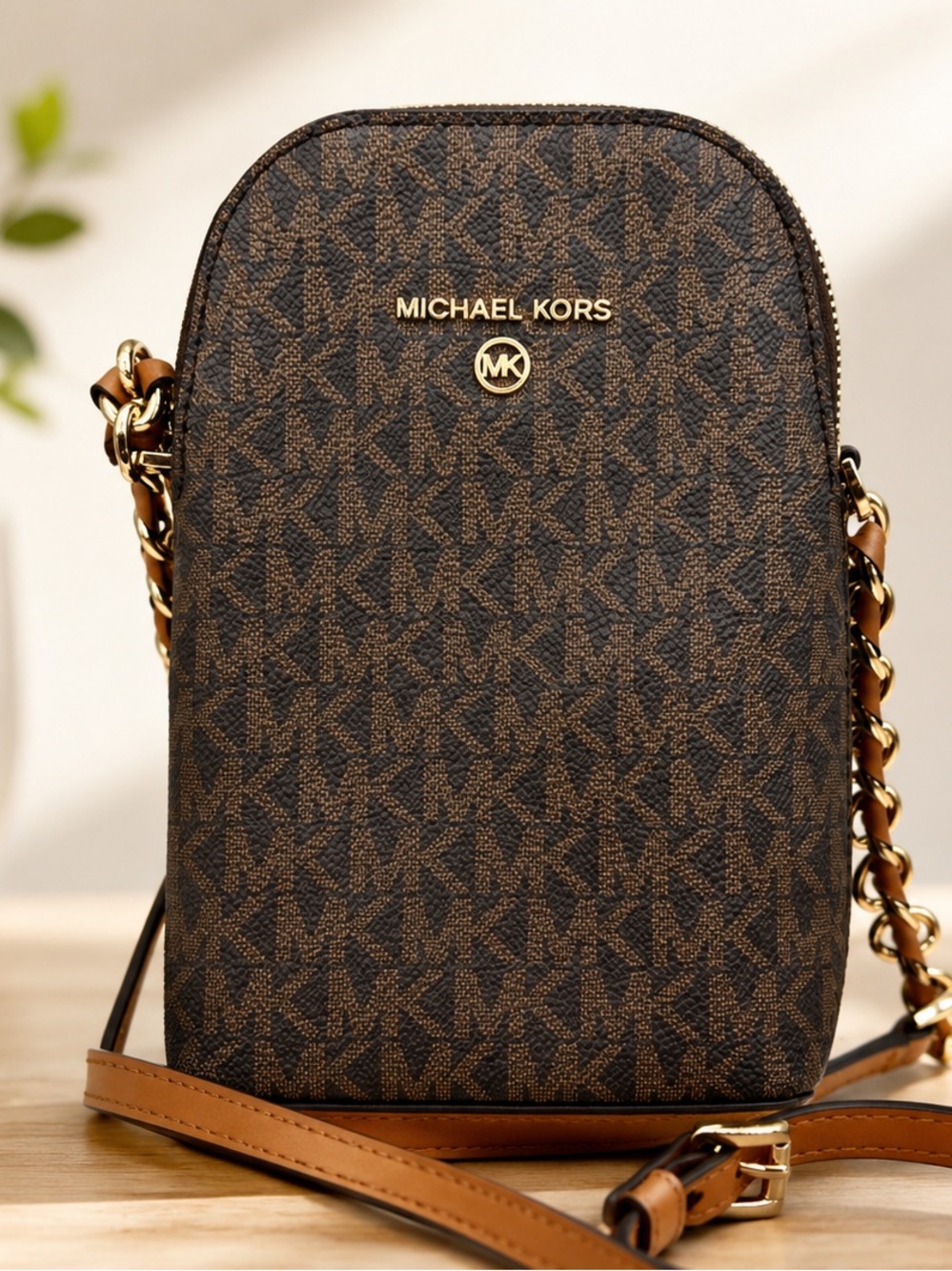 Michael Kors Jet Set Signature Logo Crossbody Tech Bag Brown Gold 32S1GT9C5B